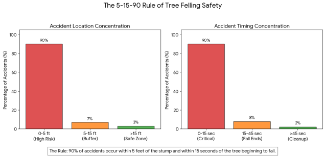 Bar graphs illustrating the 5-15-90 Rule of tree safety: 90% of accidents occur within a 5-foot radius of the stump and within the first 15 seconds of the tree beginning to fall.