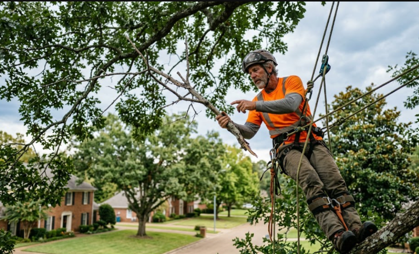 Arborist trimming tree branches above a residential yard in Reservoir, MS.